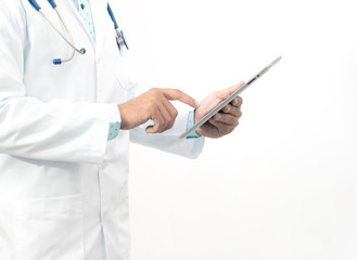 Closed up of Doctor with tablet computer, isolated on white background.