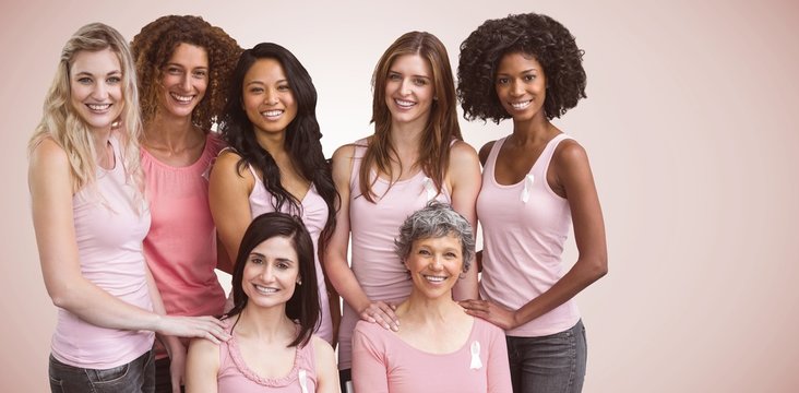 Composite image of smiling women in pink outfits posing for