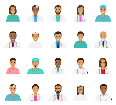 Doctors and nurses characters avatars set. Medical people icons of faces.