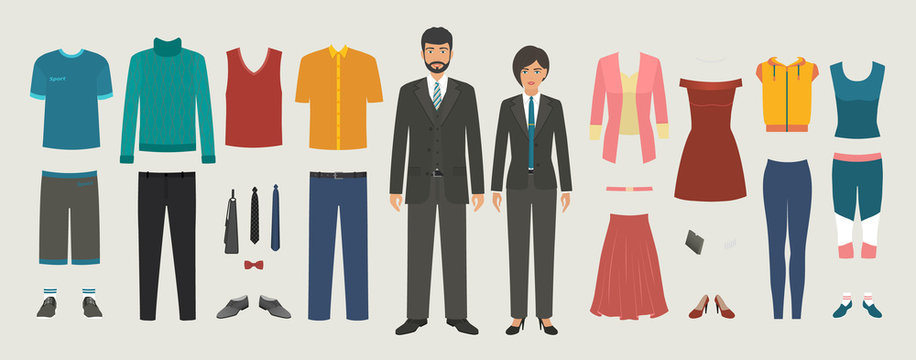 Man and woman characters with business, casual, sport clothing set. Dressing people constructor kit.