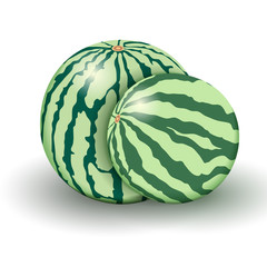 Two realistic watermelons from new harvest isolated on a white background.