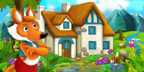 cartoon scene with fox encountering traditional farm house 
