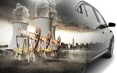 Double Exposure concept of pollution of the environment by the automotive industry 3d render on white background