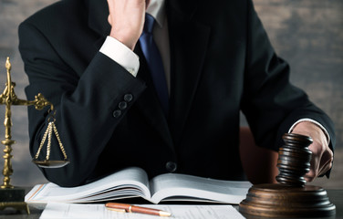 Legal office of lawyers and attorney. Judge Gavel, Scale of Justice