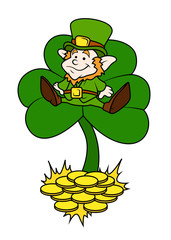 Leprechaun with Clover Leaf and Gold Coins Vector