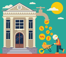 Fototapeta premium Man with Wheelbarrow gets much coins from the bank