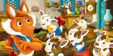 cartoon scene with fox looking after little goats in old traditional house