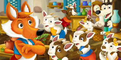 cartoon scene with fox looking at little goats children in old fashioned house when bad wolf is going in to the kitchen - illustration for the children