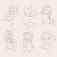 Set with dancing animals in christmas hoods. Wild animals hand drawn with closed eyes in cute poses