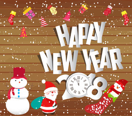Happy new year 2018, christmas background with snowman and santa claus on wood