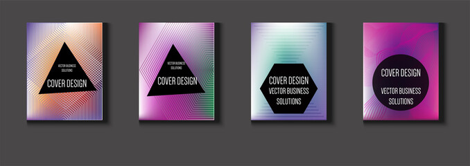 Vector minimal covers set. Iridescent futuristic poster design. Funky trendy business background. Set of four A4 abstract covers. Neon colored halftone blend tech design. Simple clean linear texture