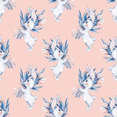 Seamless pattern with cartoon white rabbits and flowers. Watercolor illustration