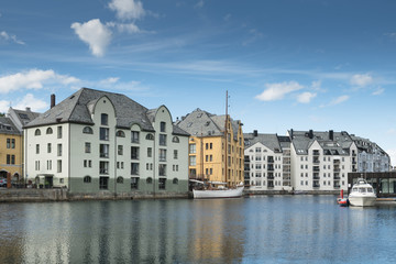 Promenade and marina in center of the Alesund city in the summer, Norway