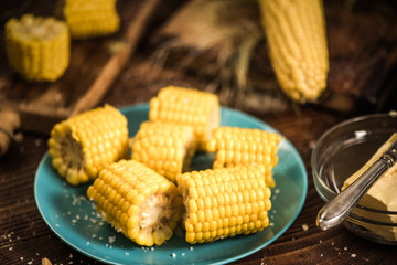 Cooked corn on the cob with salt and butter