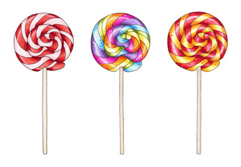 Set of colorful lollipops. Hand drawn marker illustration.