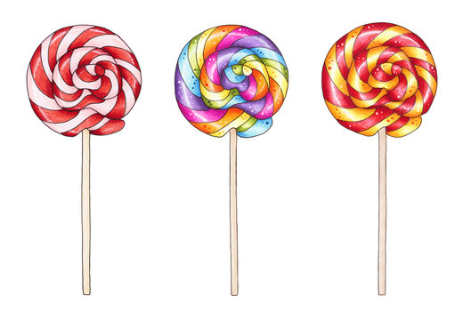 Set of colorful lollipops. Hand drawn marker illustration.