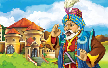 cartoon scene with happy young boy - prince standing near the castle - illustration for children