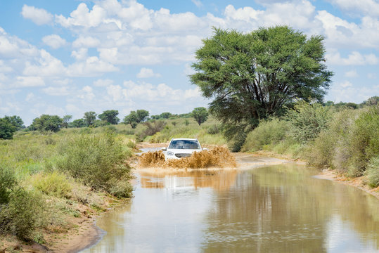 S&uuml;dafrika, Nordkap, Mier, Kgalagadi Transfrontier Park, Fahrt durch eine &uuml;berschemmte Stra&szlig;e