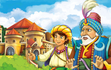 cartoon fairy tale scene with some kind of travelers looking like magicians or merchants going to castle 