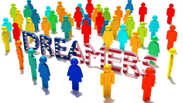 The word dreamers with an american flag texture surrounded by a group of differently colored people