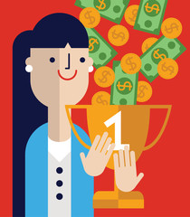 Woman With a Trophy that has Money Symbol on it Gets Coin and Bills