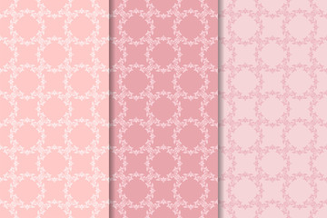 Set of floral ornaments. Pale pink vertical seamless patterns