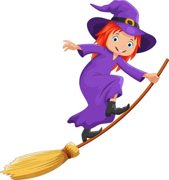 Vector illustration of cute cartoon witch flying on a broomstick