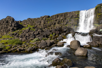 waterfall oxarafoss in the national park thingvellir, golden circle in iceland