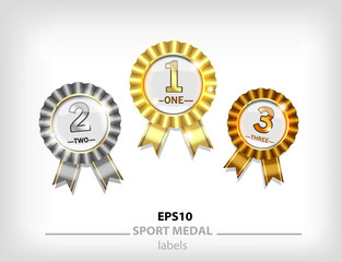 Fototapeta premium gold, silver and bronze medallion, medal award for winners first and second place. Vector golden seal with ribbon 