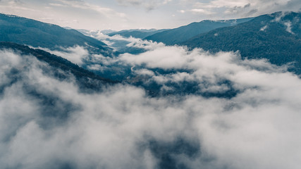 Fototapeta na wymiar Morning fog above forest in mountains. Aerial view