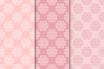 Pale pink set of floral ornaments. Seamless patterns