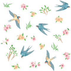 Fototapeta premium Seamless pattern with spring birds and flowers / There are some flying swallows, grass, pink and yellow flowers 