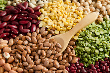 Various of legumes, Beans seed with wooden spoon
