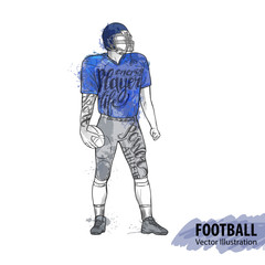 Hand sketch of American football player. Vector sport illustration. Watercolor silhouette of the athlete with thematic words. Text graphics, lettering. Active people. Recreation lifestyle.