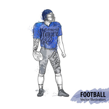 Hand sketch of American football player. Vector sport illustration. Watercolor silhouette of the athlete with thematic words. Text graphics, lettering. Active people. Recreation lifestyle.