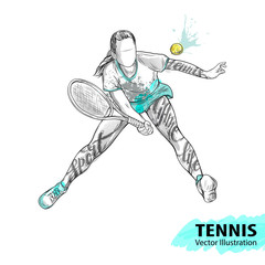 Hand sketch of American tennis player. Vector sport illustration. Watercolor silhouette of the athlete with thematic words. Text graphics, lettering. Active people. Recreation lifestyle.