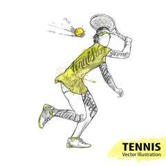 Hand sketch of American tennis player. Vector sport illustration. Watercolor silhouette of the athlete with thematic words. Text graphics, lettering. Active people. Recreation lifestyle. - 170741712