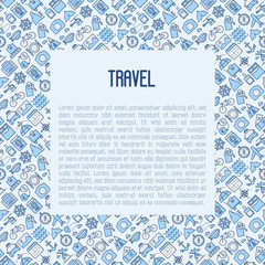 Travel and vacation concept with thin line icons: plane, tickets, hotel, sights and place for text. Vector illustration for banner, web page, print media.