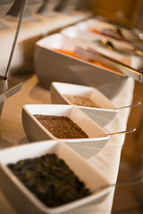 Buffet counter of cooked and fresh vegetables