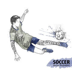 Hand sketch of soccer player with ball. Vector sport illustration. Watercolor silhouette of the athlete with thematic words. Text graphics, lettering. Active people. Recreation lifestyle.