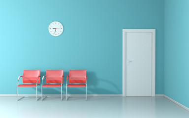 Orange chairs in blue waiting room