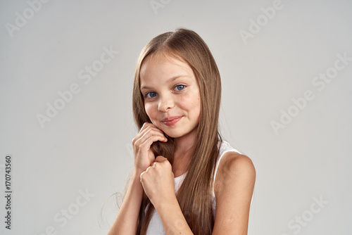 Little Girl With Long Straight Hair Portrait Smile Stock Photo