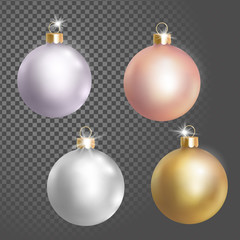 Collection of Christmas ball tree decoration white silver rose gold delicate color. 3d realistic isolated transparent background design element. New Year round metallic golden vector illustration.