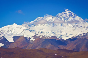 Everest and Lhotse mountain summits, Tibet. Tibetan landscape, Himalaya range, China side, Asia.