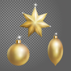 Collection of Christmas ball tree decoration gold round star and oval shape. 3d realistic isolated on transparent background design element. New Year round metallic golden hanging vector illustration.