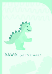 Young green dinosaur greeting card / Vector icon of young green dinosaur greeting card