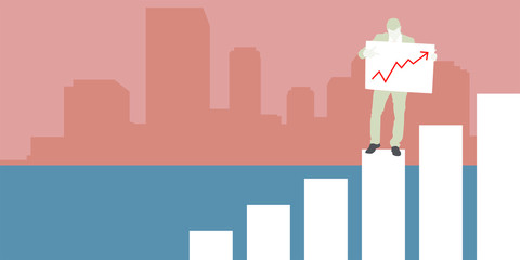Obraz premium Businessman with arrow sign standing on growth graph / Vector of businessman with arrow sign standing on growth graph