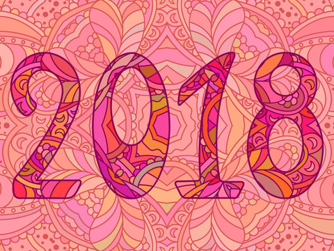 Pink new year numbers 2018 with ornament.