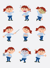 businesswoman character. Set with 9 variations for design work and animation.The character is angry, sad, happy, doubting…  Vector illustration to isolated and funny cartoons characters.