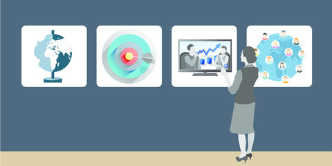 Woman looking at business symbol on the wall /Vector of woman looking at business symbol on the wall